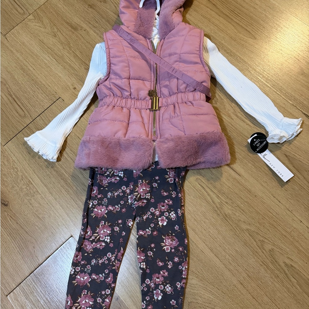Pink Hooded Vest with Floral Leggings Set